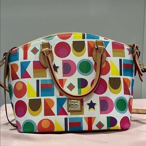 Dooney & Bourke Multicolor Logo Dome Satchel with Tan Handles